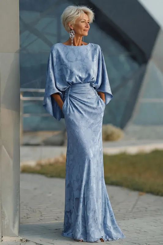 Dusty Blue Floral Sheath Ruched Mother of the Bride Dress with Flared Sleeves made by Zapaka