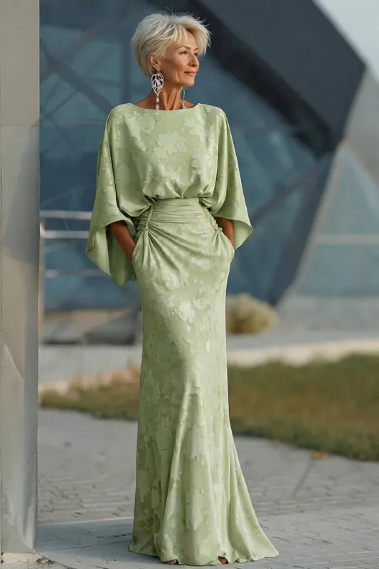 Sage Green Floral Sheath Mother of the Bride Dress with Flared Sleeves made by Zapaka