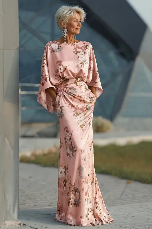 Dusty Rose Flower Printed Sheath Satin Mother of the Bride Dress with Flared Sleeves sold by Zapaka