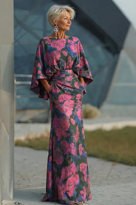 Fuchsia Flower Printed Sheath Ruched Mother of the Bride Dress with Flared Sleeves made by Zapaka