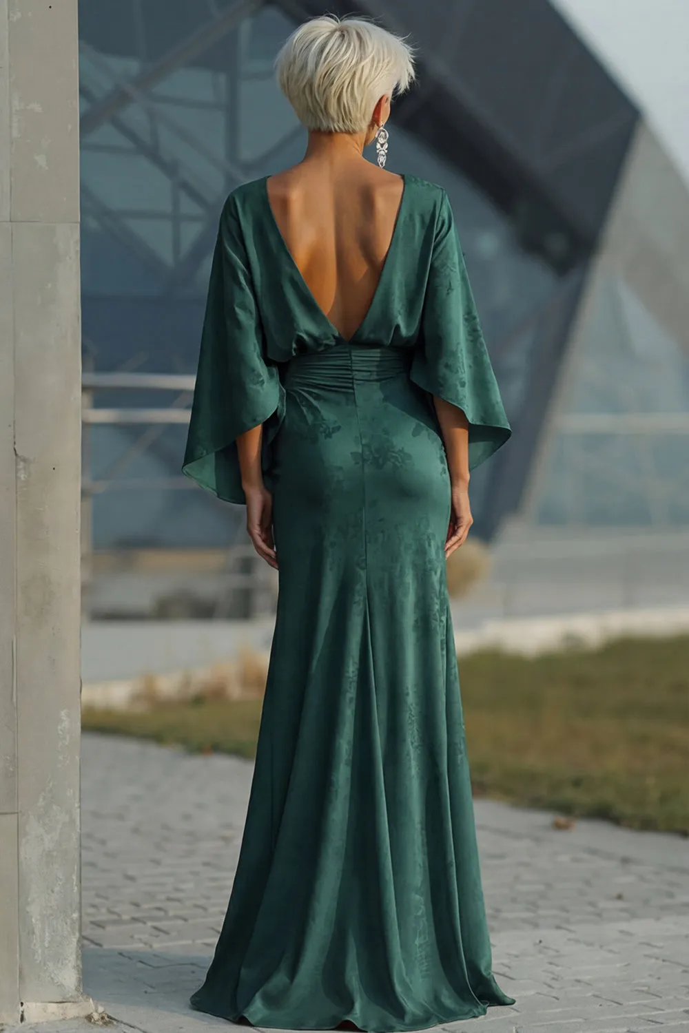 Pine Jacquard Sheath Ruched Mother of the Bride Dress with Half Sleeve sold by Zapaka product image thumbnail 2