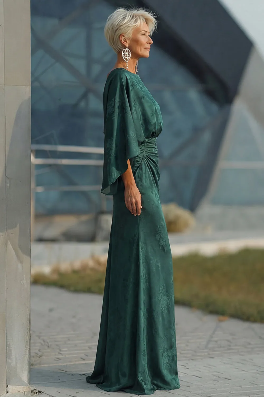 Pine Jacquard Sheath Ruched Mother of the Bride Dress with Half Sleeve sold by Zapaka product image thumbnail 3