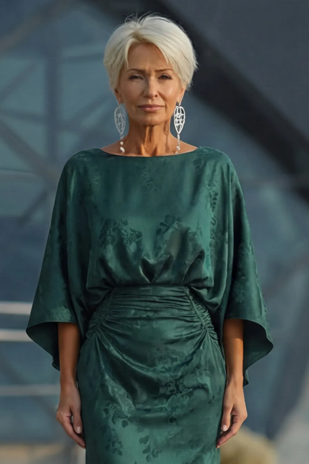 Pine Jacquard Sheath Ruched Mother of the Bride Dress with Half Sleeve sold by Zapaka product image thumbnail 4