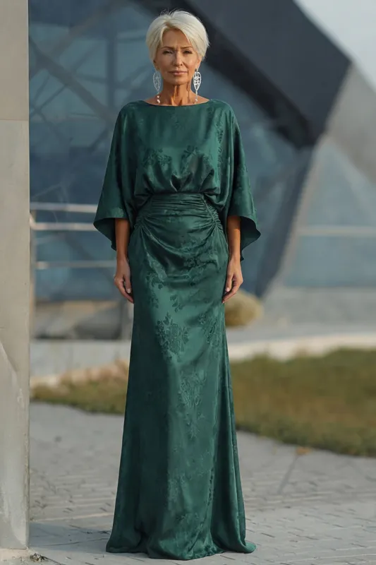 Pine Jacquard Sheath Ruched Mother of the Bride Dress with Half Sleeve sold by Zapaka