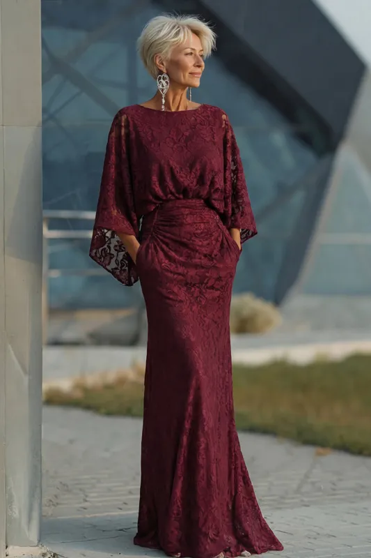 Lace Burgundy Sheath Mother of the Bride Dress with Long Sleeve sold by Zapaka