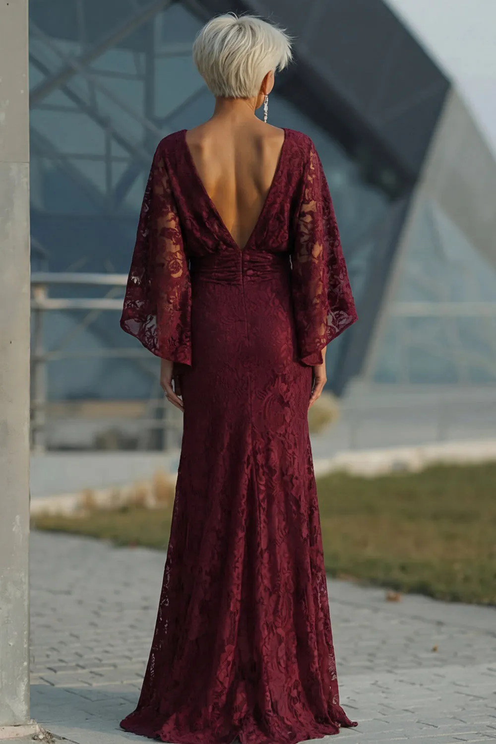 Lace Burgundy Sheath Mother of the Bride Dress with Long Sleeve sold by Zapaka product image thumbnail 2