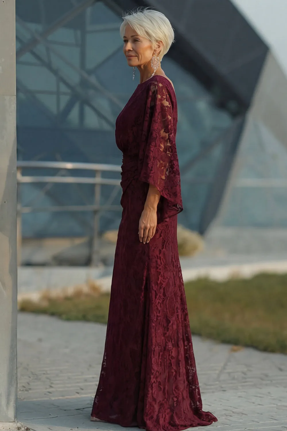 Lace Burgundy Sheath Mother of the Bride Dress with Long Sleeve sold by Zapaka product image thumbnail 3