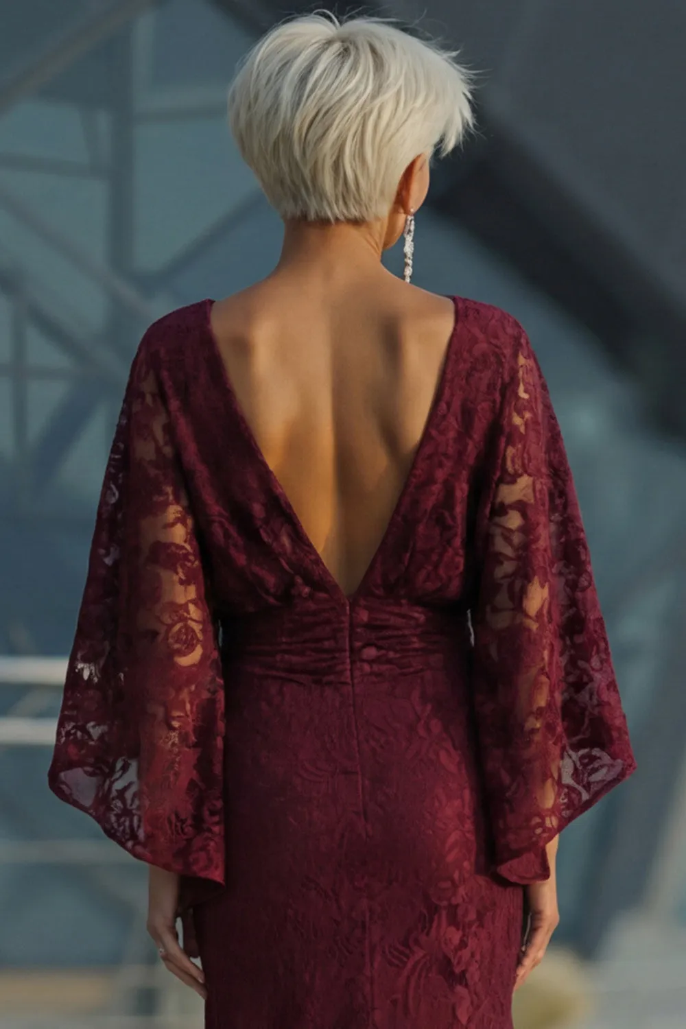 Lace Burgundy Sheath Mother of the Bride Dress with Long Sleeve sold by Zapaka product image thumbnail 5