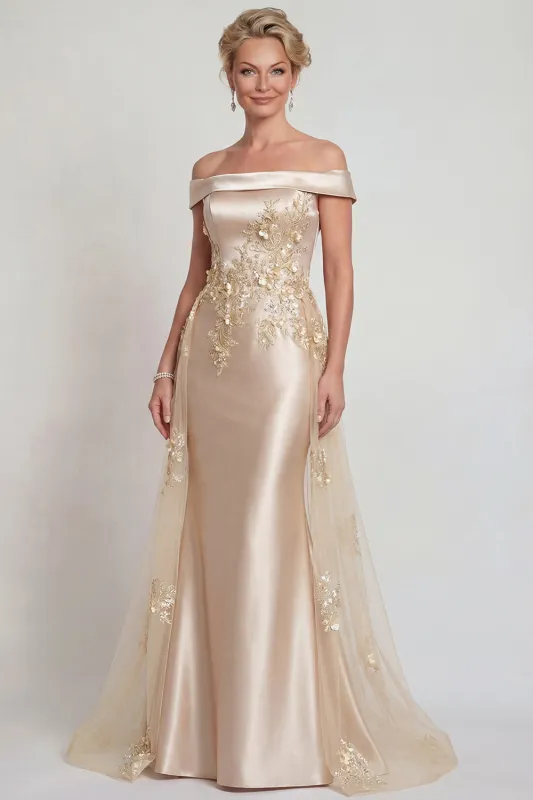 Champagne Off the Shoulder Appliqued Satin Mermaid Mother of the Bride Dress sold by Zapaka