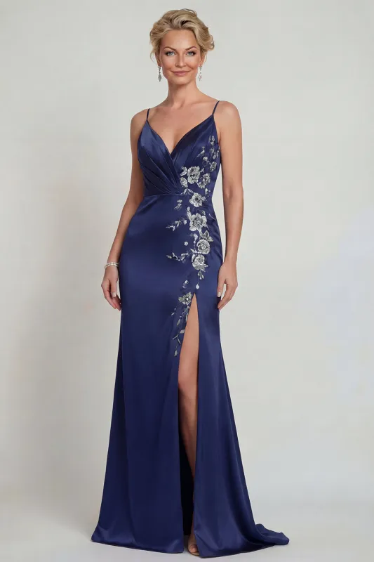 Navy Satin Spaghetti Straps Appliqued Mother of the Bride Dress with Slit sold by Zapaka