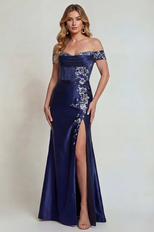 Navy Off the Shoulder Satin Appliqued Mother of the Bride Dress with Slit sold by Zapaka