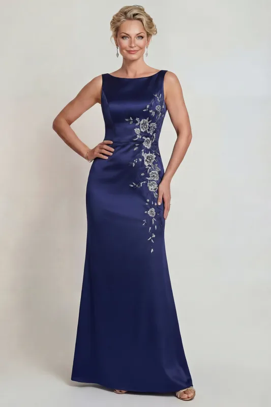 Navy Boat Neck Satin Long Mermaid Mother of the Bride Dress with Appliques made by Zapaka