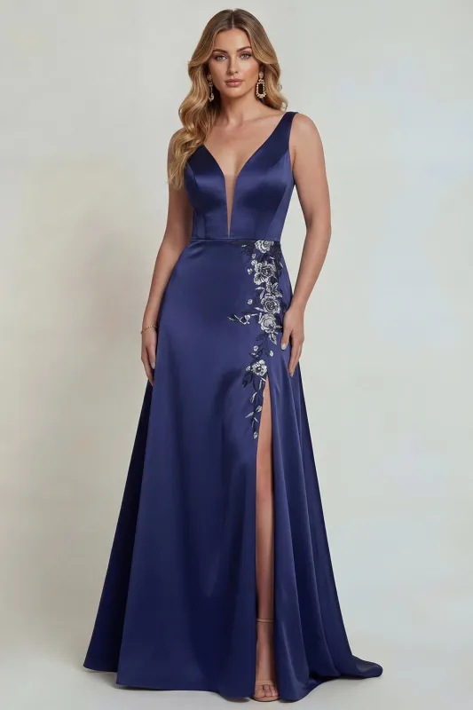 Navy V Neck Appliqued A Line Satin Mother of the Bride Dress with Slit made by Zapaka
