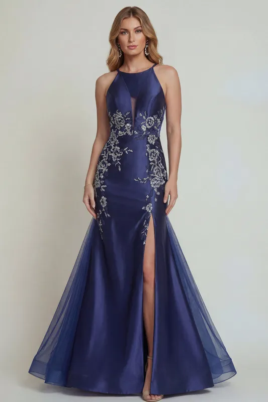 Navy Appliqued Halter Mermaid Satin Mother of the Bride Dress with Slit made by Zapaka