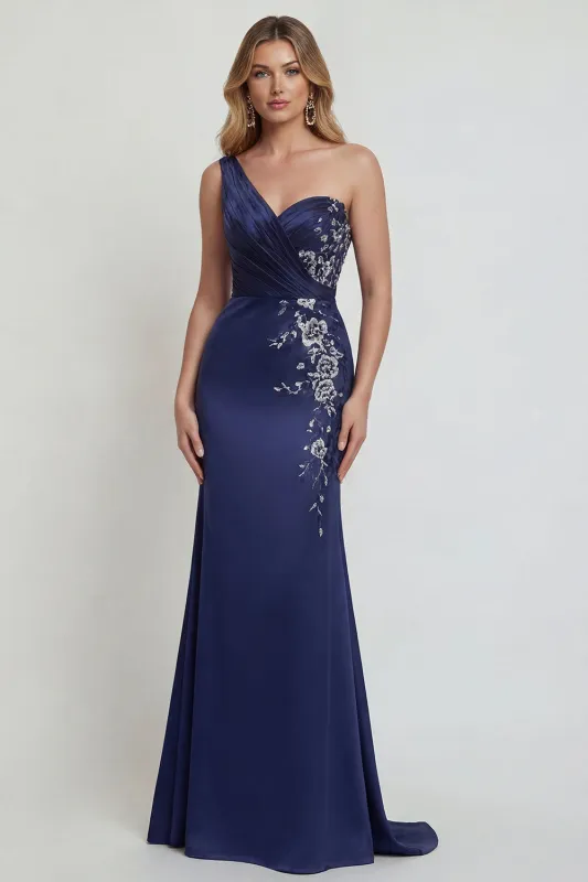 Navy One Shoulder Mermaid Satin Mother of the Bride Dress with Appliques sold by Zapaka