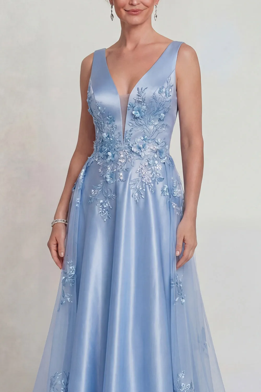 Blue Flower Appliqued V Neck Satin A Line Mother of the Bride Dress sold by Zapaka product image thumbnail 3