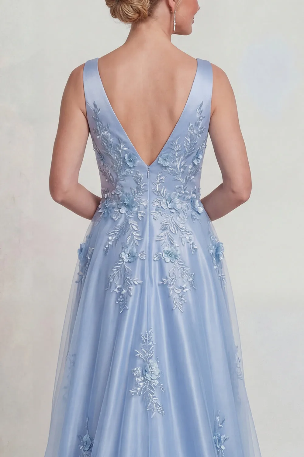 Blue Flower Appliqued V Neck Satin A Line Mother of the Bride Dress sold by Zapaka product image thumbnail 4