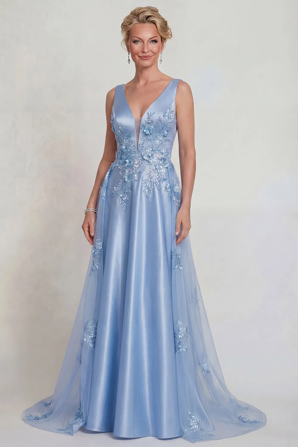 Blue Flower Appliqued V Neck Satin A Line Mother of the Bride Dress sold by Zapaka