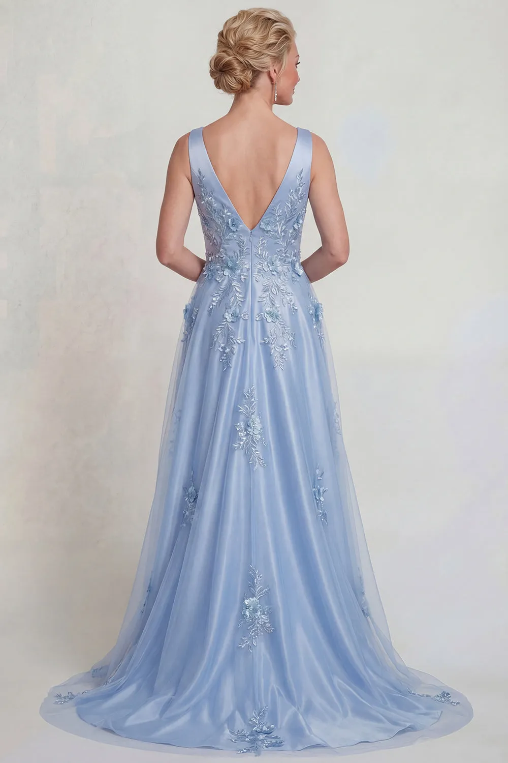 Blue Flower Appliqued V Neck Satin A Line Mother of the Bride Dress sold by Zapaka product image thumbnail 2