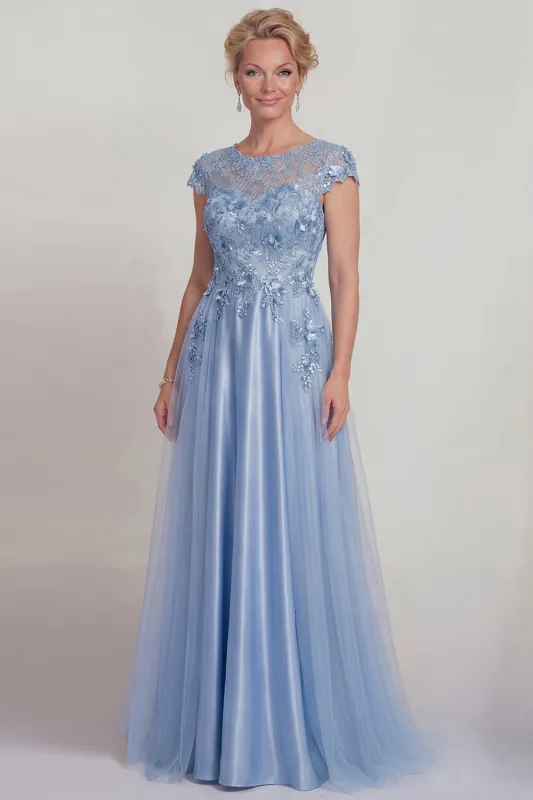 Blue Satin A Line Appliqued Lace Mother of the Bride Dress with Sleeve sold by Zapaka