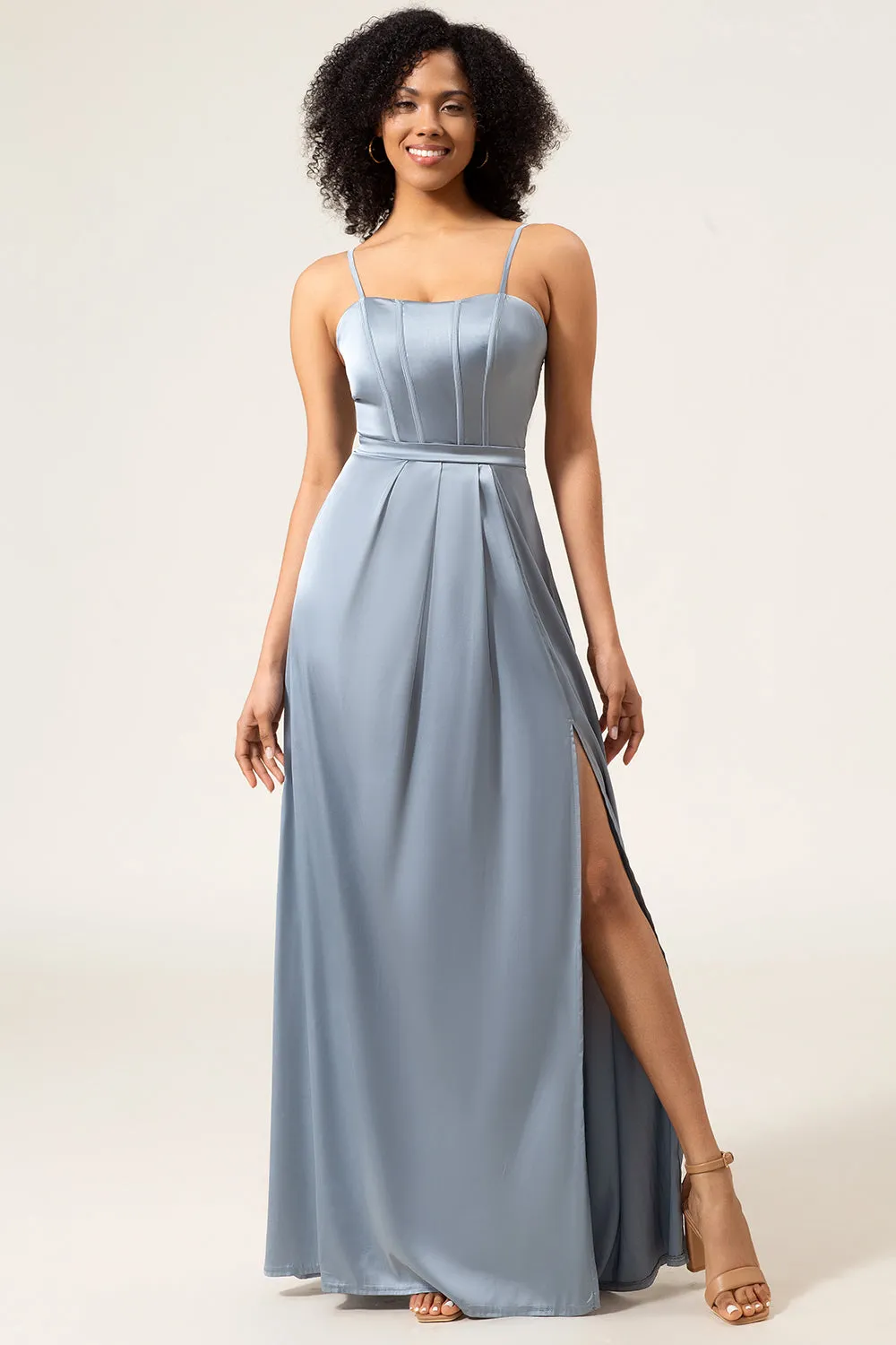 A-Line Spaghetti Straps Dusty Blue Satin Long Bridesmaid Dress sold by Zapaka