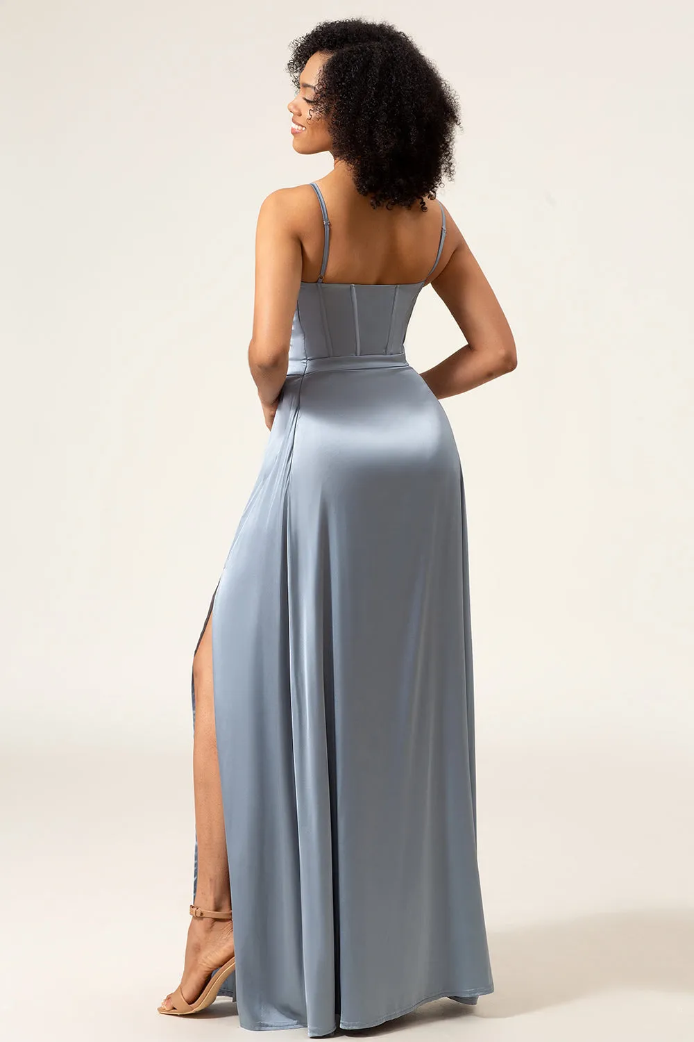 A-Line Spaghetti Straps Dusty Blue Satin Long Bridesmaid Dress sold by Zapaka product image thumbnail 2