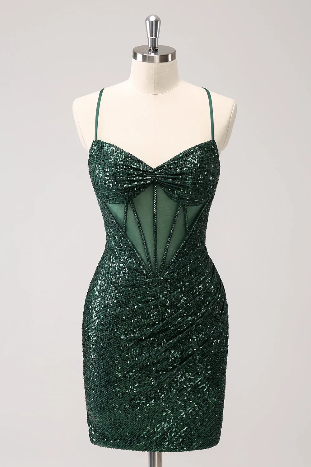 Dark Green Bodycon Spaghetti Straps Corset Short Homecoming Dress with Sequins sold by Zapaka