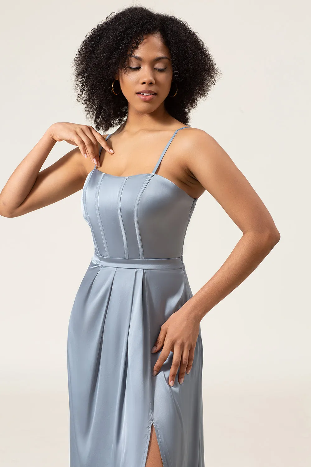 A-Line Spaghetti Straps Dusty Blue Satin Long Bridesmaid Dress sold by Zapaka product image thumbnail 5