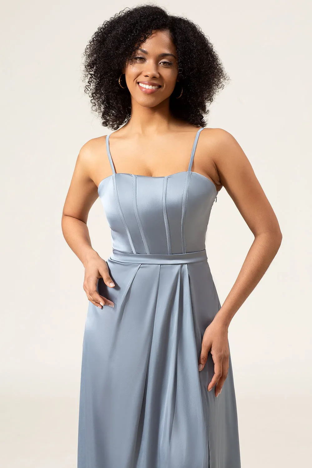 A-Line Spaghetti Straps Dusty Blue Satin Long Bridesmaid Dress sold by Zapaka product image thumbnail 4