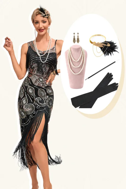 Sparkly Black Sequins Fringes Asymmetrical 1920s Gatsby Dress with Accessories Set made by Zapaka