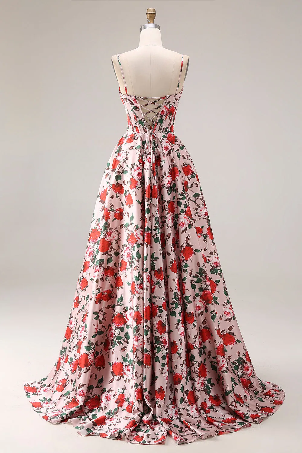 Red Pink Flower Spaghetti Straps Basque Waist A-Line Long Prom Dress with Slit sold by Zapaka product image thumbnail 2