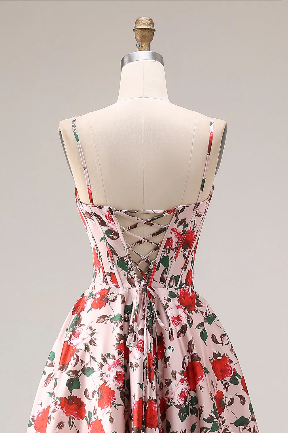 Red Pink Flower Spaghetti Straps Basque Waist A-Line Long Prom Dress with Slit sold by Zapaka product image thumbnail 5