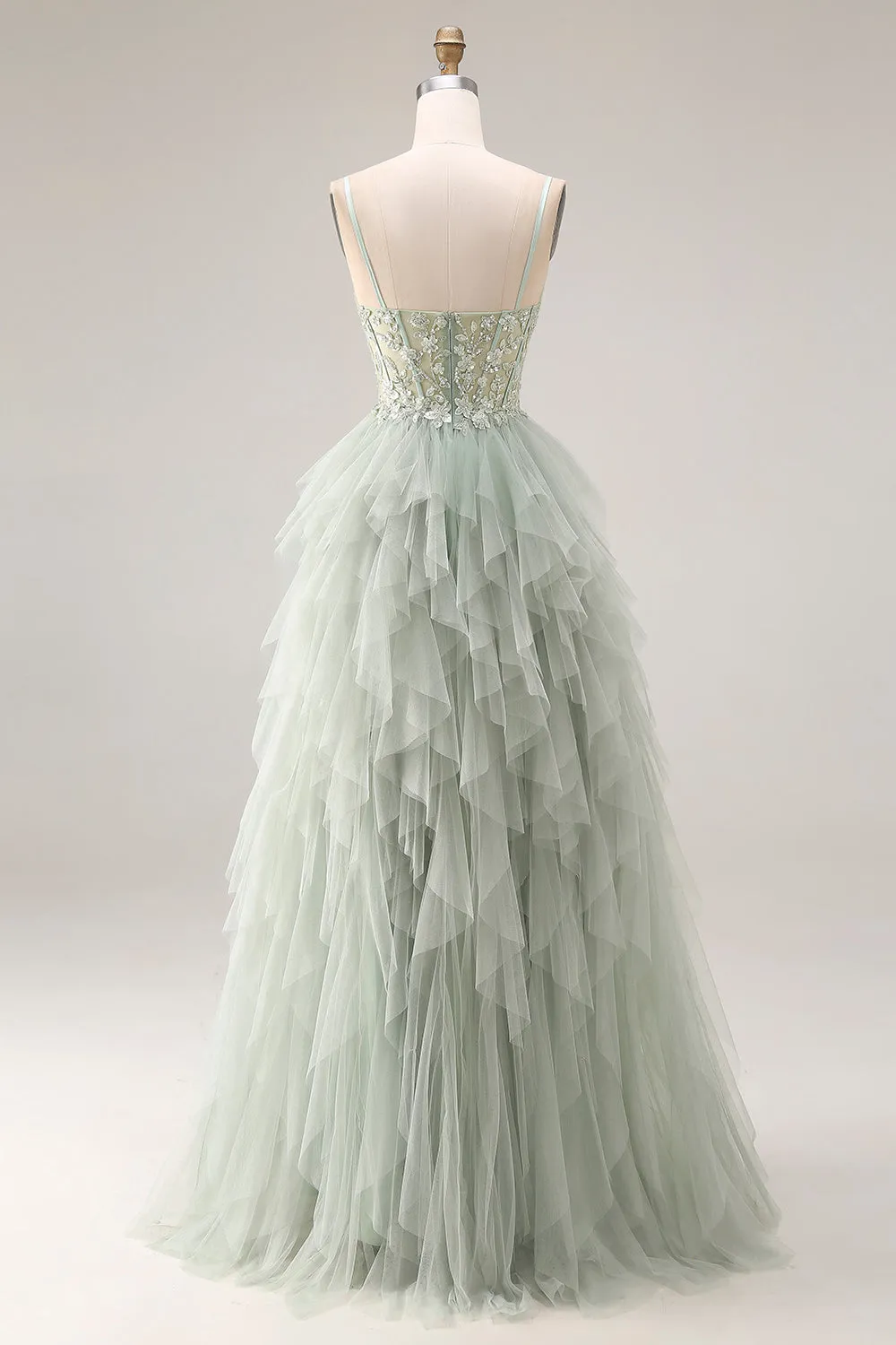 Dusty Green A-Line Tulle Spaghetti Straps Corset Long Prom Dress with Ruffles sold by Zapaka product image thumbnail 2