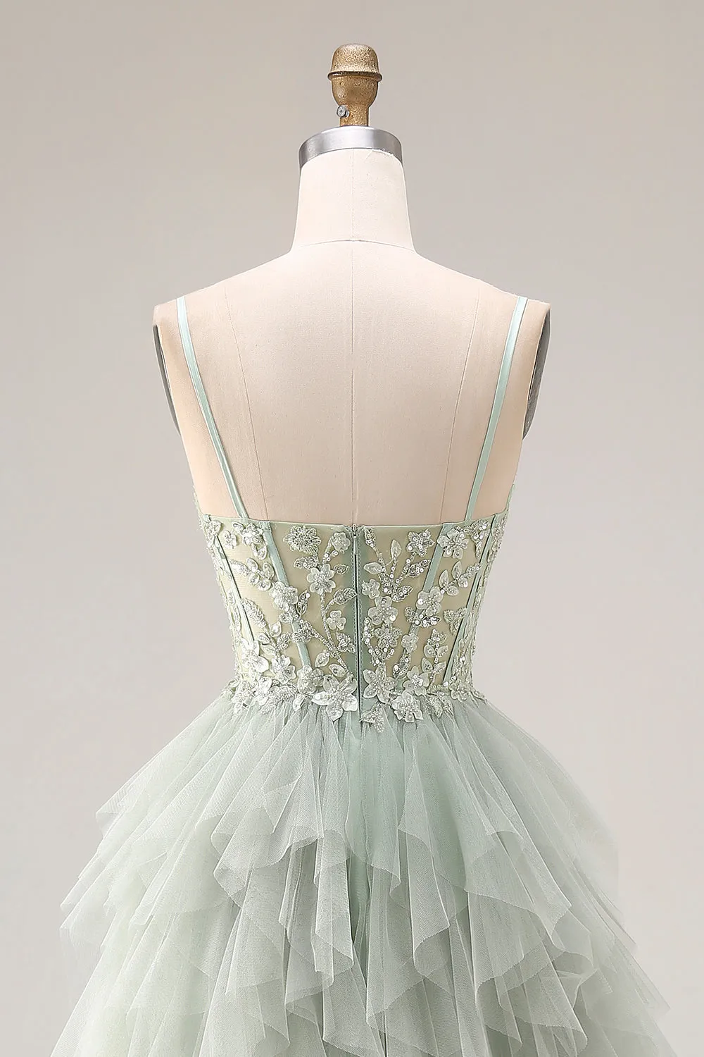 Dusty Green A-Line Tulle Spaghetti Straps Corset Long Prom Dress with Ruffles sold by Zapaka product image thumbnail 5