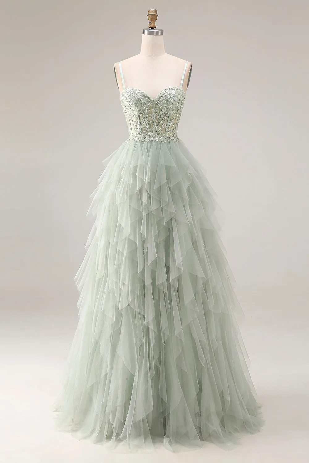Dusty Green A-Line Tulle Spaghetti Straps Corset Long Prom Dress with Ruffles sold by Zapaka