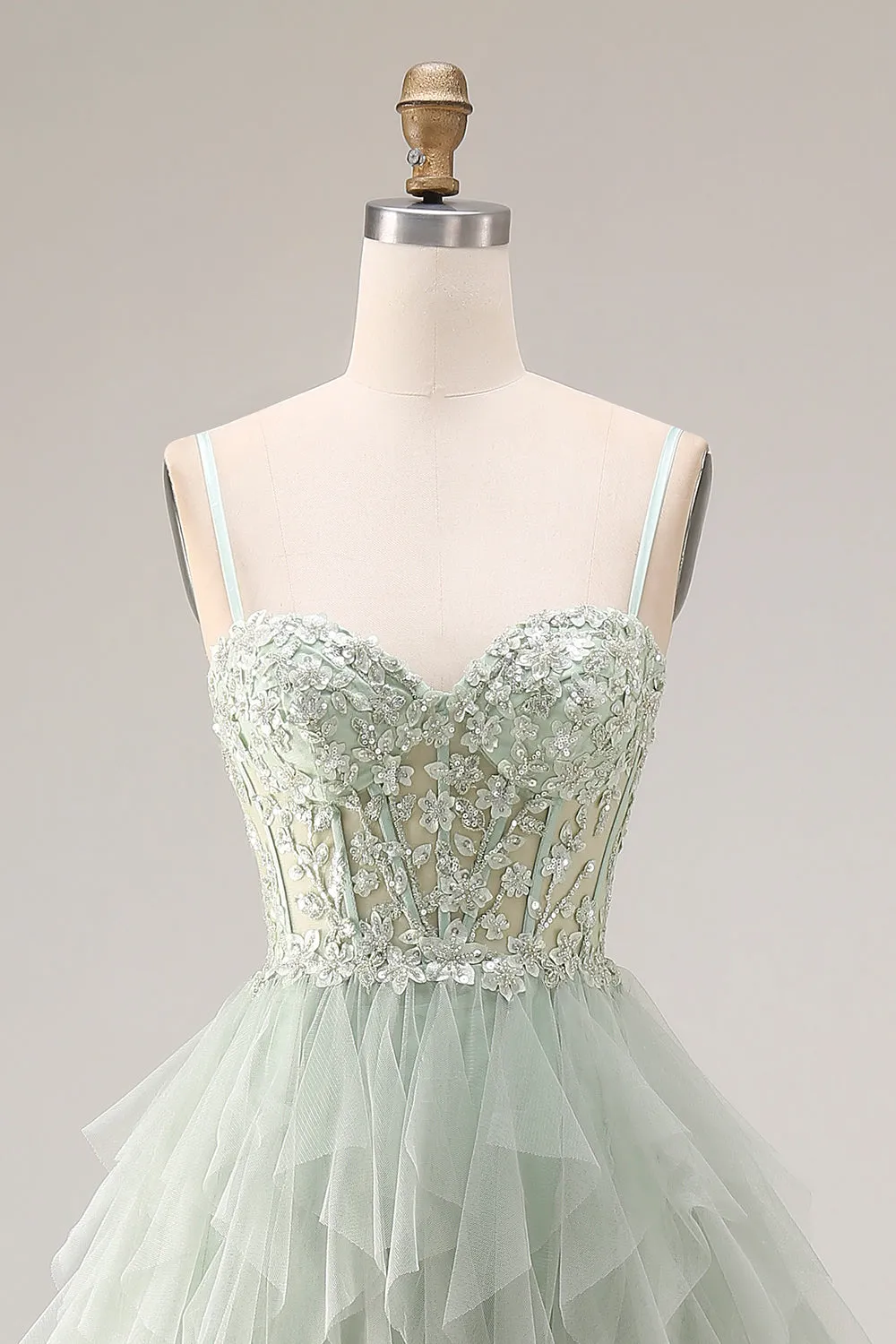 Dusty Green A-Line Tulle Spaghetti Straps Corset Long Prom Dress with Ruffles sold by Zapaka product image thumbnail 4