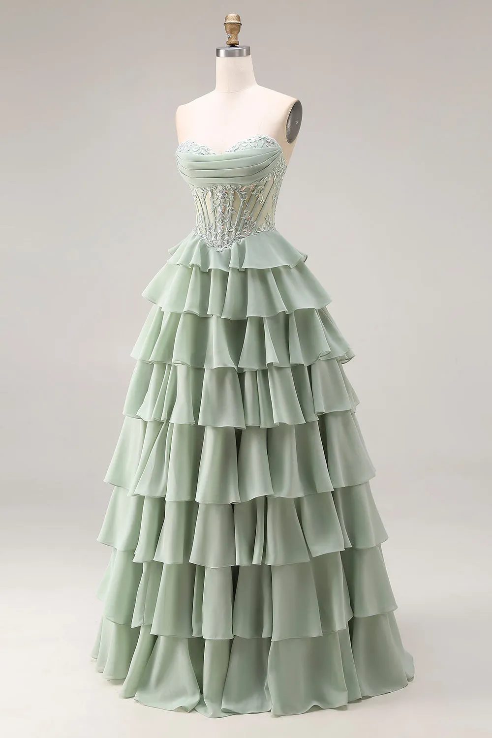 Dusty Green A Line Ruffled Tiered Chiffon Corset Long Prom Dress with Slit sold by Zapaka product image thumbnail 3
