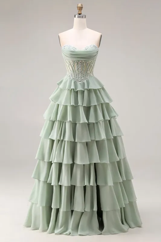 Dusty Green A Line Ruffled Tiered Chiffon Corset Long Prom Dress with Slit sold by Zapaka