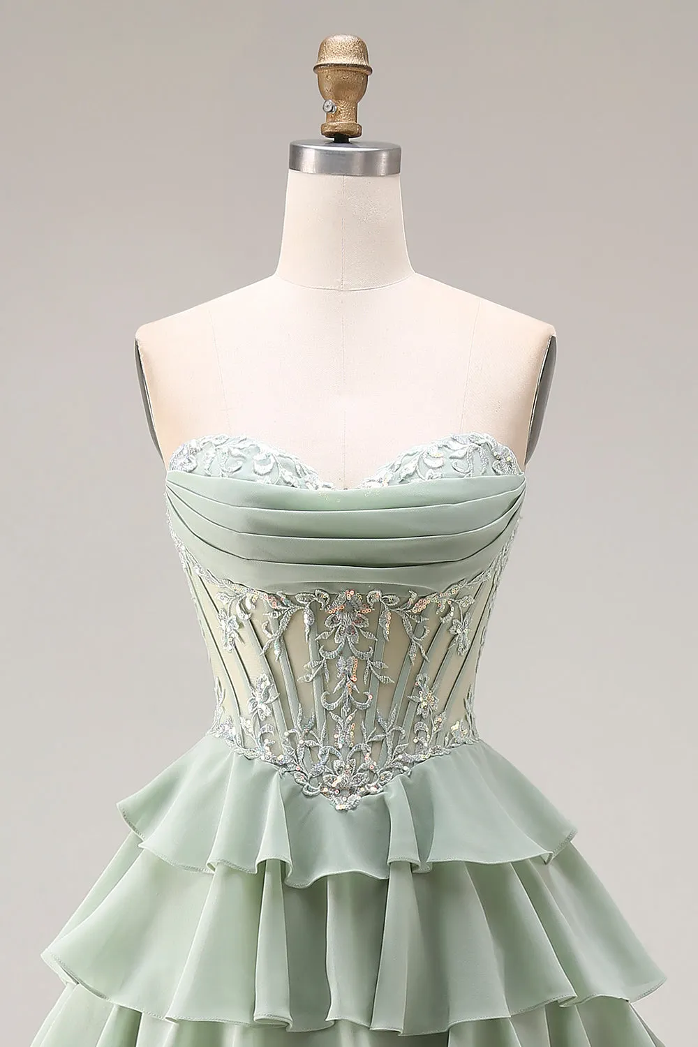 Dusty Green A Line Ruffled Tiered Chiffon Corset Long Prom Dress with Slit sold by Zapaka product image thumbnail 4