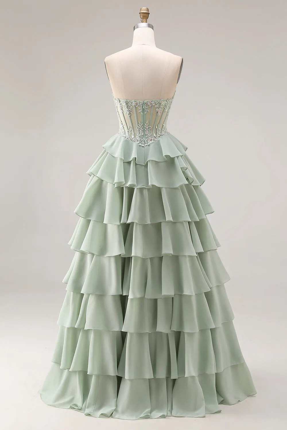 Dusty Green A Line Ruffled Tiered Chiffon Corset Long Prom Dress with Slit sold by Zapaka product image thumbnail 2