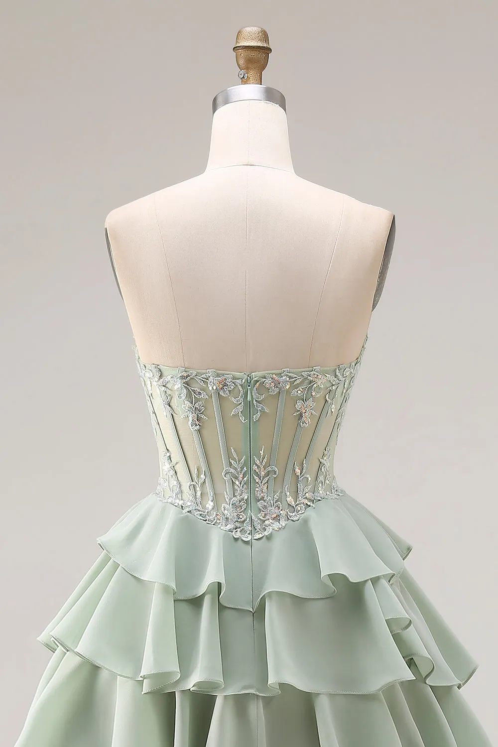 Dusty Green A Line Ruffled Tiered Chiffon Corset Long Prom Dress with Slit sold by Zapaka product image thumbnail 5