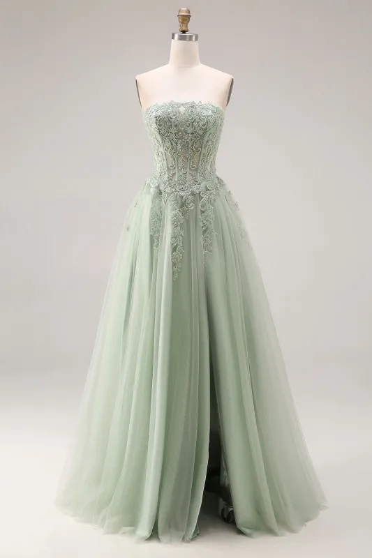 Dusty Green Tulle A-Line Corset Strapless Appliqued Long Prom Dress with Slit sold by Zapaka
