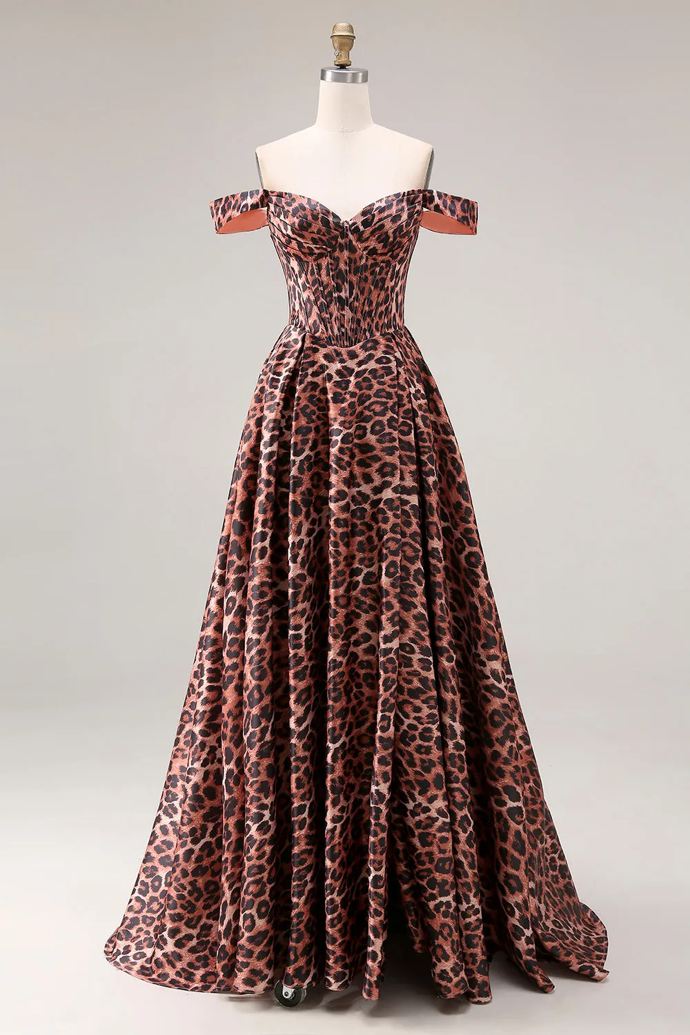 Coffee Leopard A Line Off the Shoulder Long Prom Dress sold by Zapaka