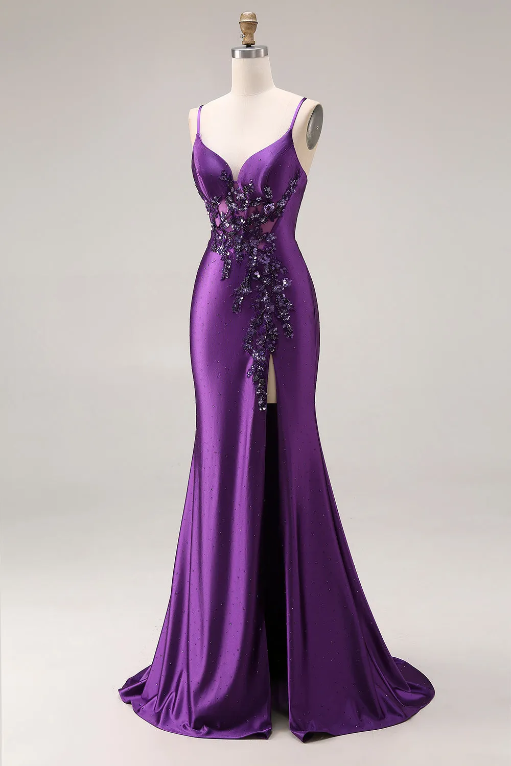 Purple Mermaid Spaghetti Straps Appliqued Long Prom Dress with Slit sold by Zapaka product image thumbnail 3