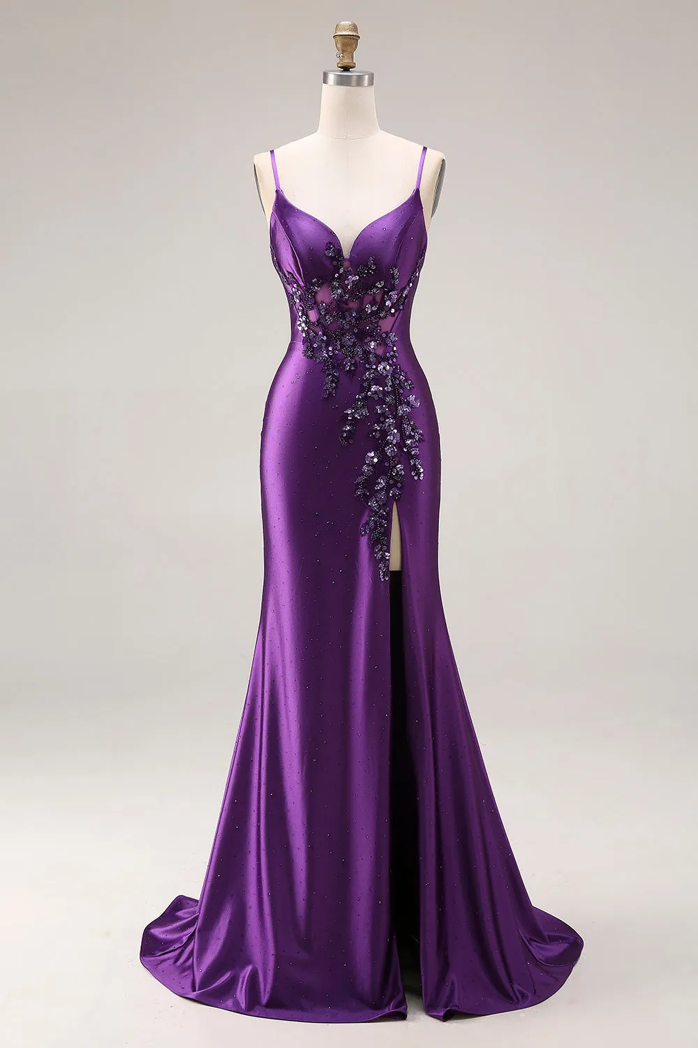 Purple Mermaid Spaghetti Straps Appliqued Long Prom Dress with Slit sold by Zapaka