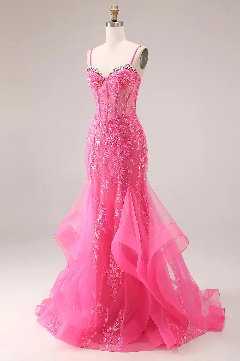 Fuchsia Organza Mermaid Corset Spaghetti Straps Long Prom Dress with Appliques sold by Zapaka product image thumbnail 3