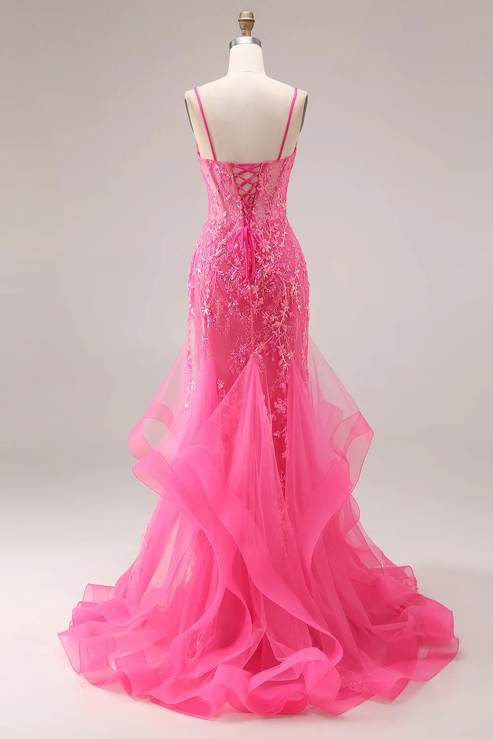 Fuchsia Organza Mermaid Corset Spaghetti Straps Long Prom Dress with Appliques sold by Zapaka product image thumbnail 2
