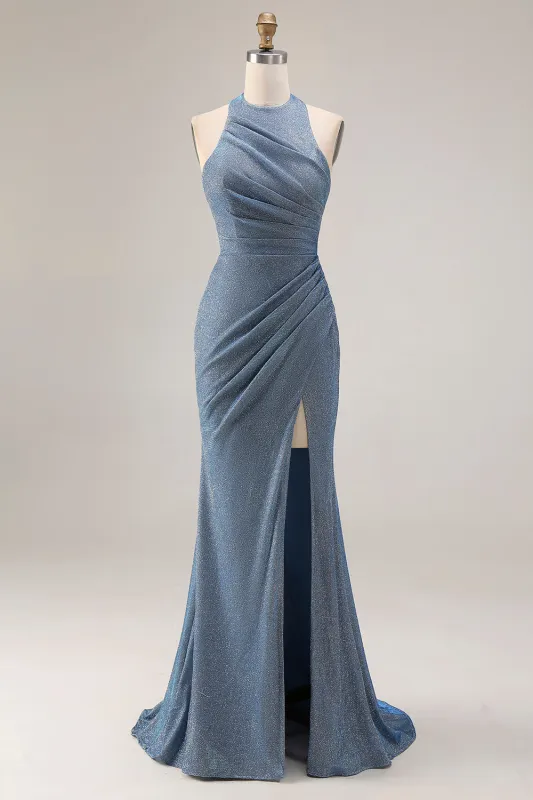 Dusty Blue Halter Mermaid Ruched Long Prom Dress with Slit made by Zapaka