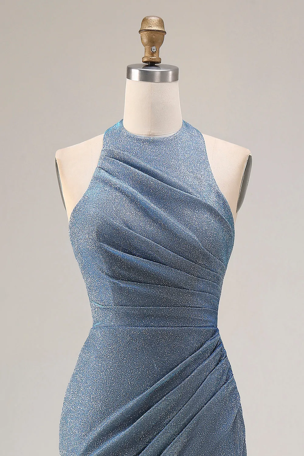 Dusty Blue Halter Mermaid Ruched Long Prom Dress with Slit sold by Zapaka product image thumbnail 4