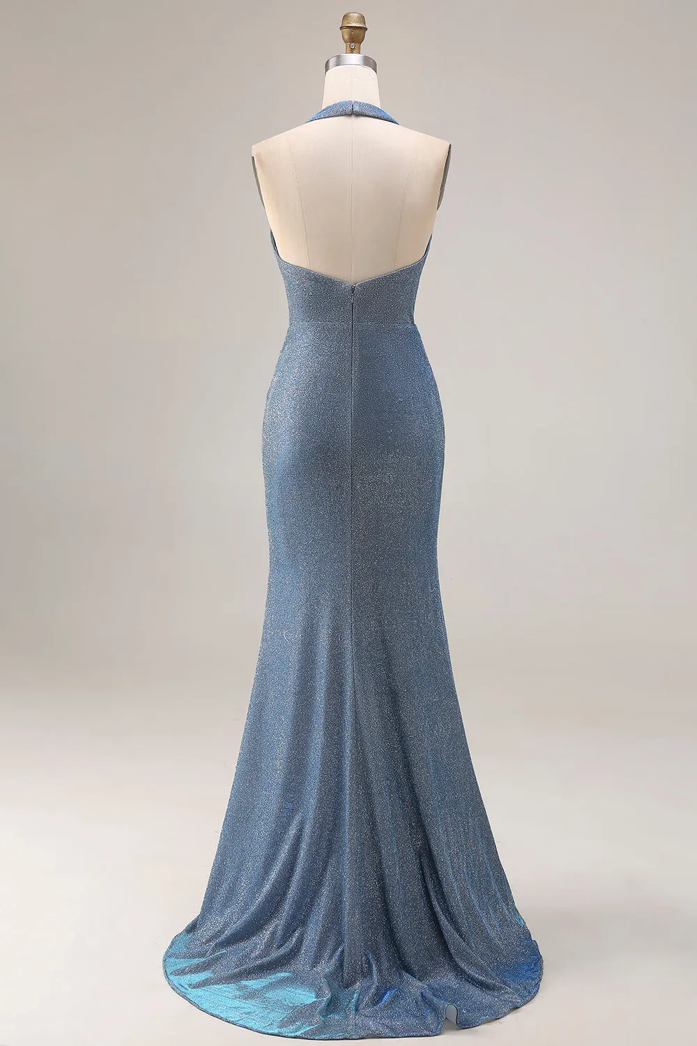 Dusty Blue Halter Mermaid Ruched Long Prom Dress with Slit sold by Zapaka product image thumbnail 2